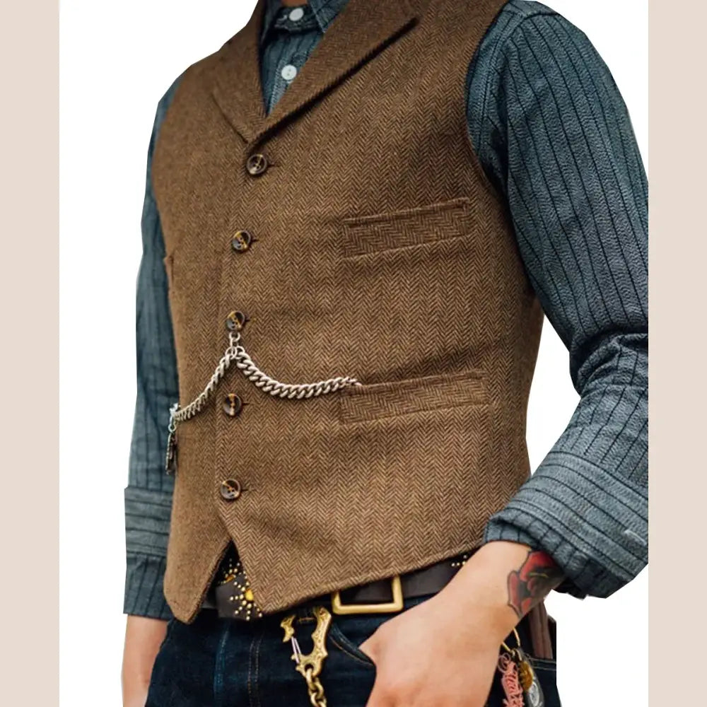 R&z - Vest Lapel V Neck Wool Herringbone Casual Brown Waistcoat Casual Formal - Brown / S - Executive Business Wear