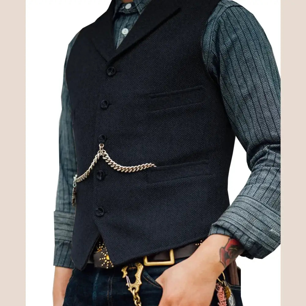 R&z - Vest Lapel V Neck Wool Herringbone Casual Brown Waistcoat Casual Formal - Navy / L - Executive Business Wear