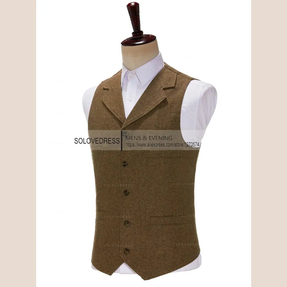 R&z - Vest Lapel V Neck Wool Herringbone Casual Brown Waistcoat Casual Formal - Executive Business Wear