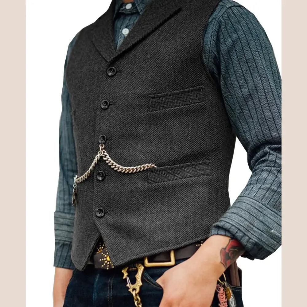 R&z - Vest Lapel V Neck Wool Herringbone Casual Brown Waistcoat Casual Formal - Grey / M - Executive Business Wear