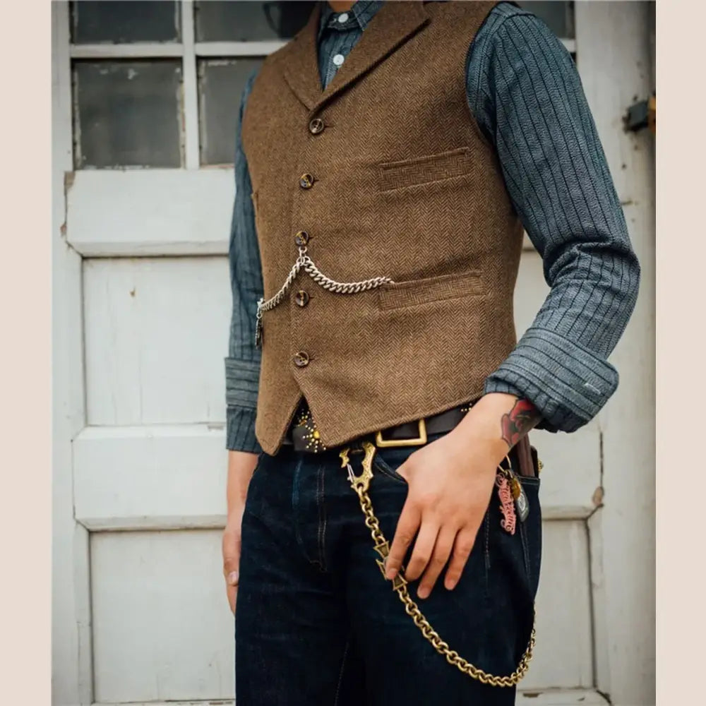 R&z - Vest Lapel V Neck Wool Herringbone Casual Brown Waistcoat Casual Formal - Executive Business Wear