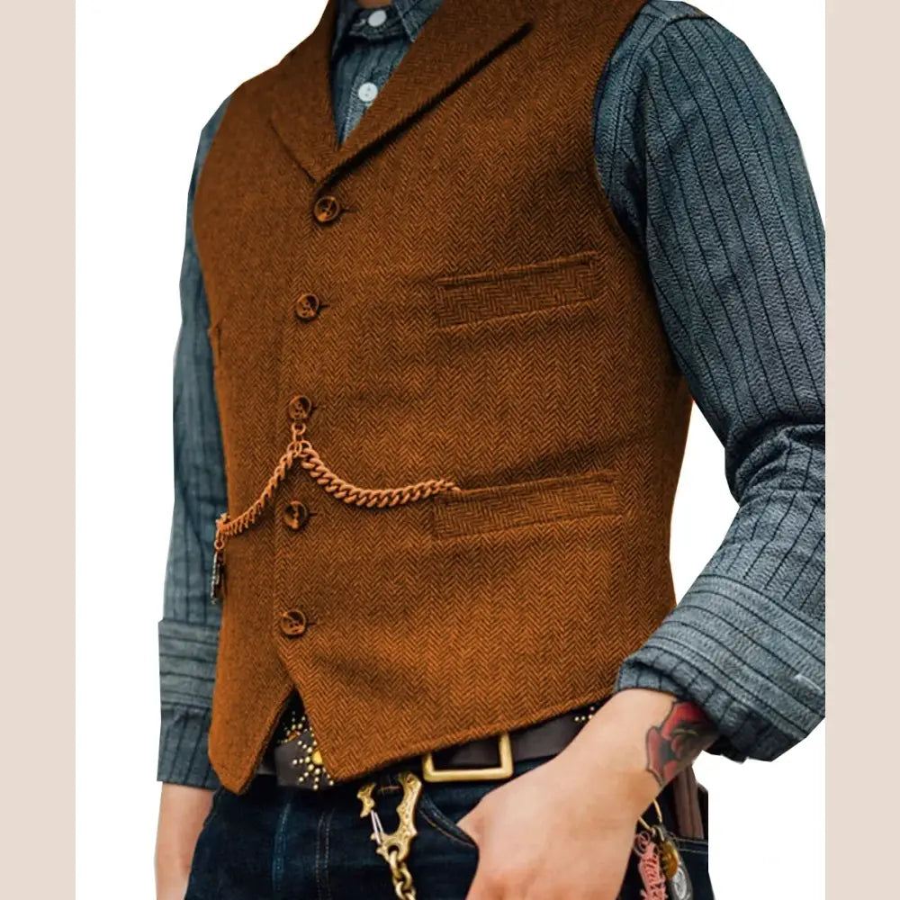 R&z - Vest Lapel V Neck Wool Herringbone Casual Brown Waistcoat Casual Formal - Orange / XXL - Executive Business Wear
