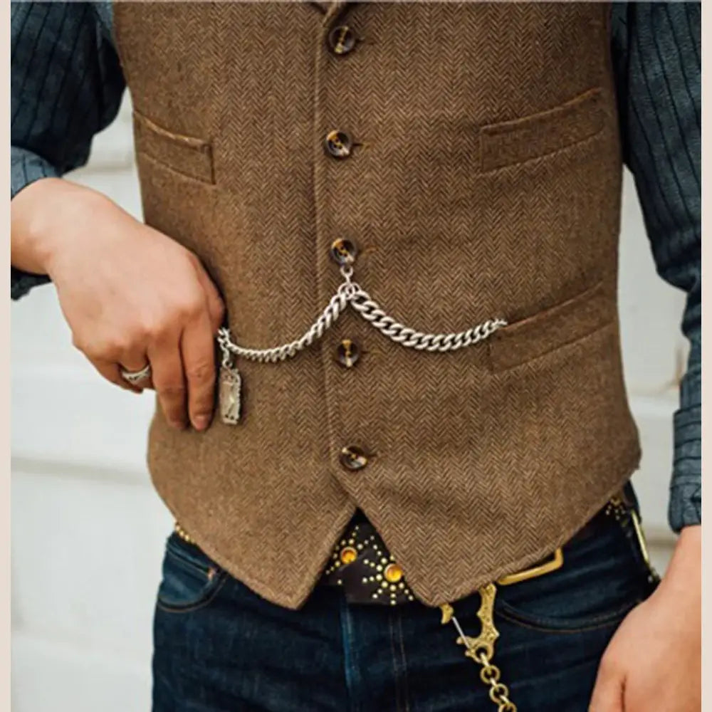 R&z - Vest Lapel V Neck Wool Herringbone Casual Brown Waistcoat Casual Formal - Executive Business Wear