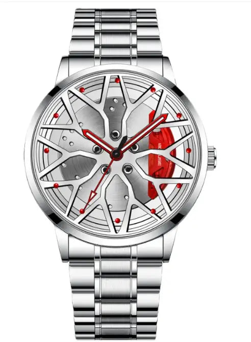 Silver-toned R&ZAqua Lux chrono quartz watch with sporty skeletonized dial and red accents on metallic band