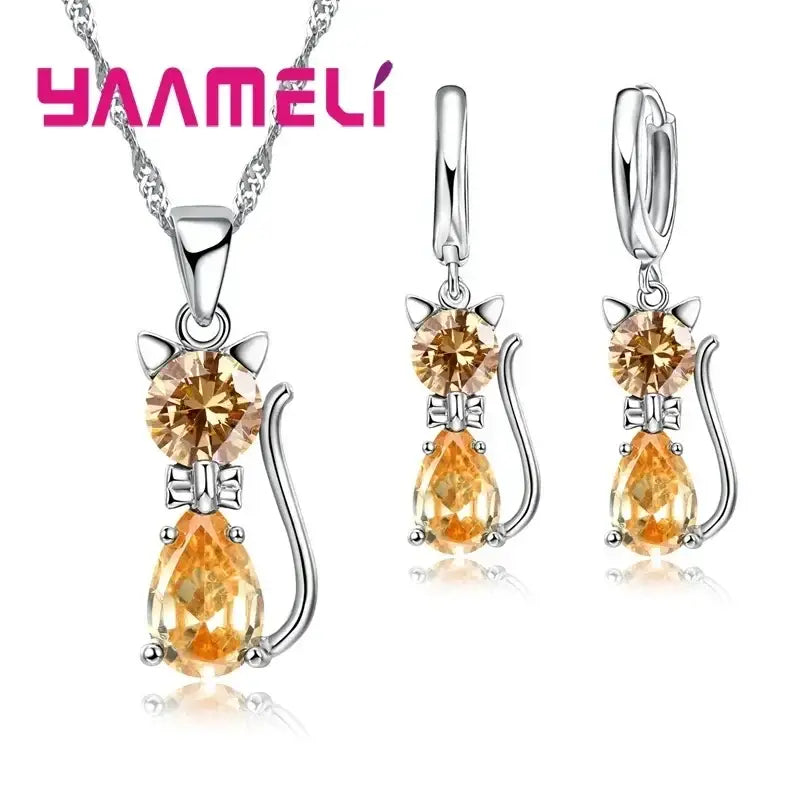 Real 925 Sterling Silver Color Jewelry Sets for Woman Girls Shining Austrian Crystal Cute Cat Pendant Necklace Huggie