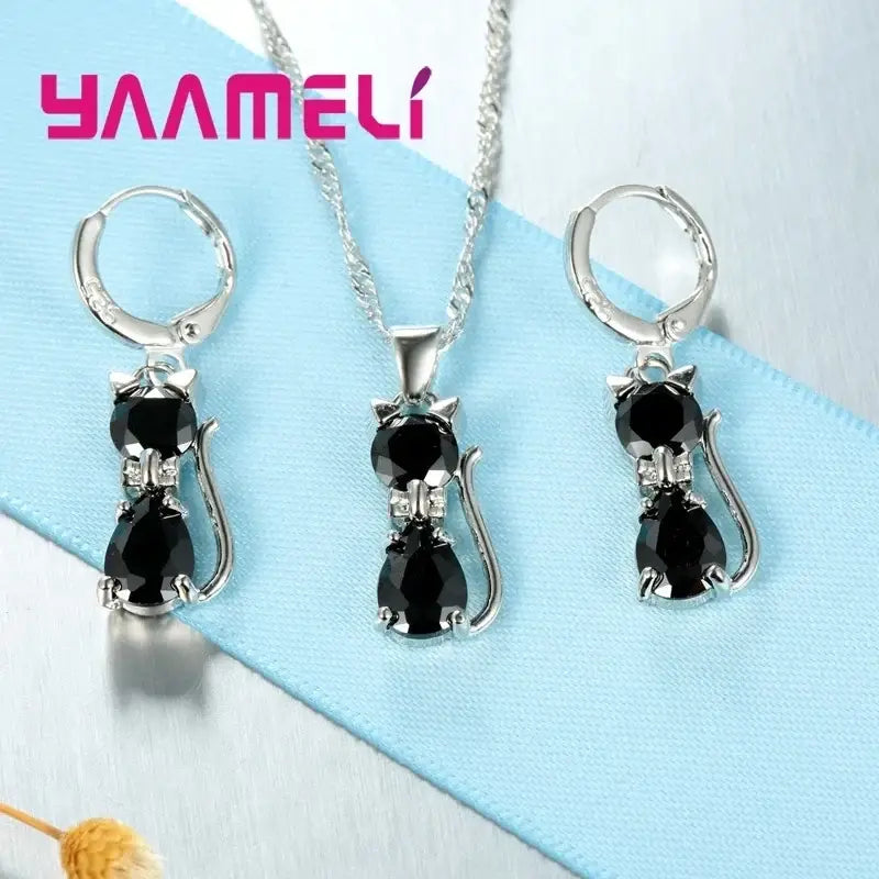 Real 925 Sterling Silver Color Jewelry Sets for Woman Girls Shining Austrian Crystal Cute Cat Pendant Necklace Huggie
