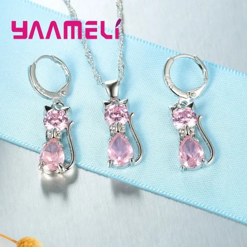 Real 925 Sterling Silver Color Jewelry Sets for Woman Girls Shining Austrian Crystal Cute Cat Pendant Necklace Huggie