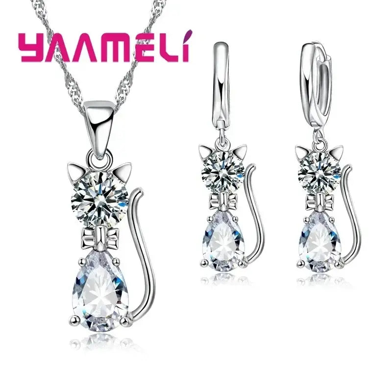 Real 925 Sterling Silver Color Jewelry Sets for Woman Girls Shining Austrian Crystal Cute Cat Pendant Necklace Huggie