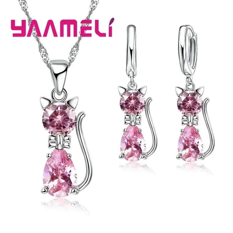 Real 925 Sterling Silver Color Jewelry Sets for Woman Girls Shining Austrian Crystal Cute Cat Pendant Necklace Huggie
