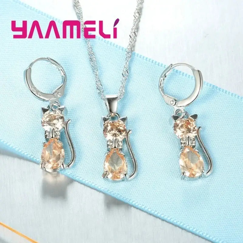 Real 925 Sterling Silver Color Jewelry Sets for Woman Girls Shining Austrian Crystal Cute Cat Pendant Necklace Huggie
