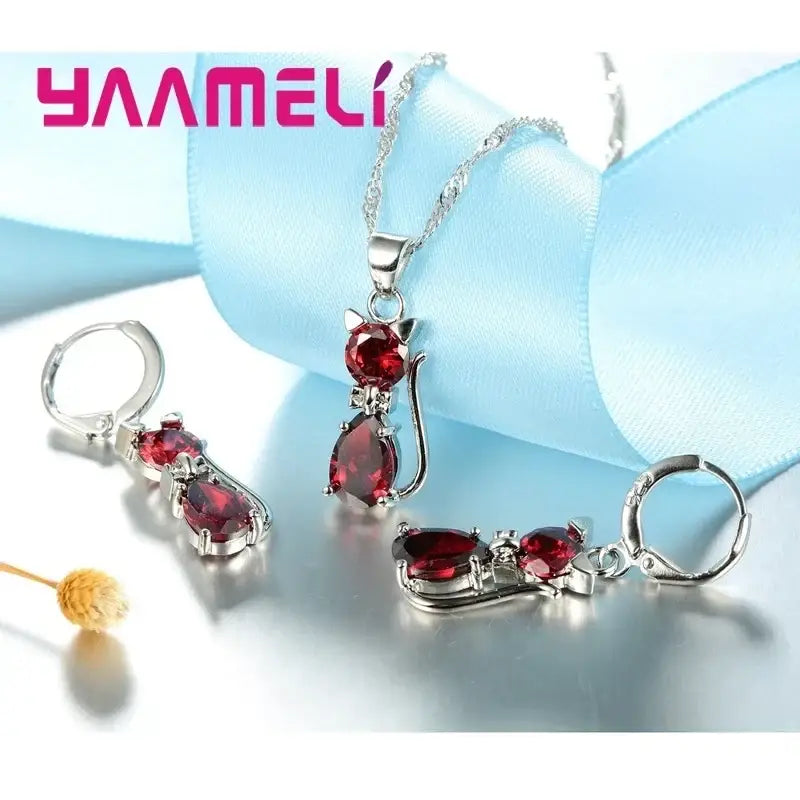Real 925 Sterling Silver Color Jewelry Sets for Woman Girls Shining Austrian Crystal Cute Cat Pendant Necklace Huggie