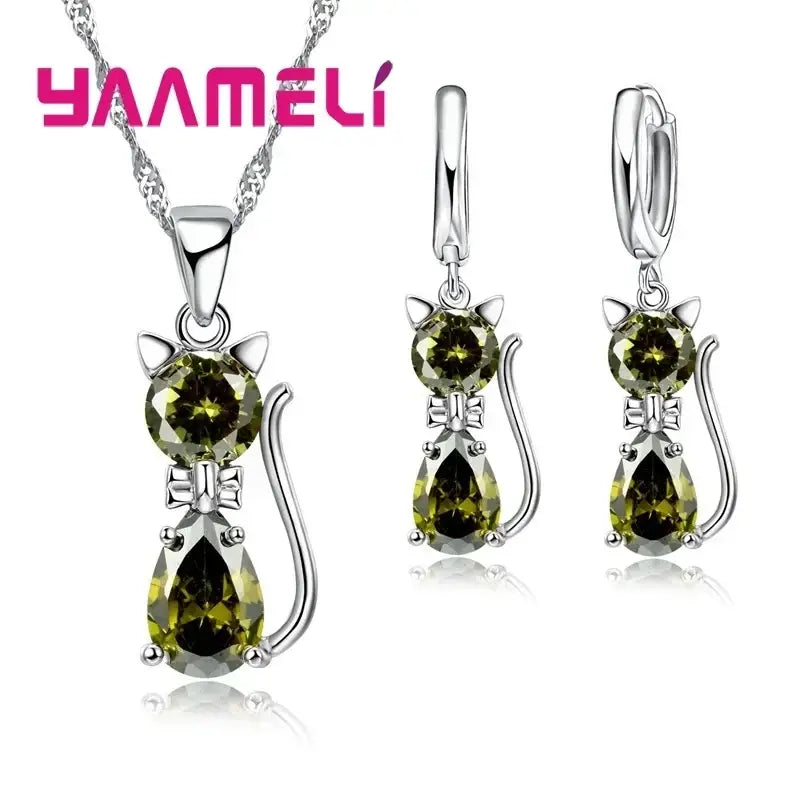 Real 925 Sterling Silver Color Jewelry Sets for Woman Girls Shining Austrian Crystal Cute Cat Pendant Necklace Huggie