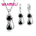 Real 925 Sterling Silver Color Jewelry Sets for Woman Girls Shining Austrian Crystal Cute Cat Pendant Necklace Huggie