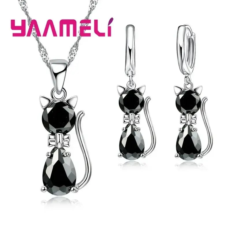 Real 925 Sterling Silver Color Jewelry Sets for Woman Girls Shining Austrian Crystal Cute Cat Pendant Necklace Huggie