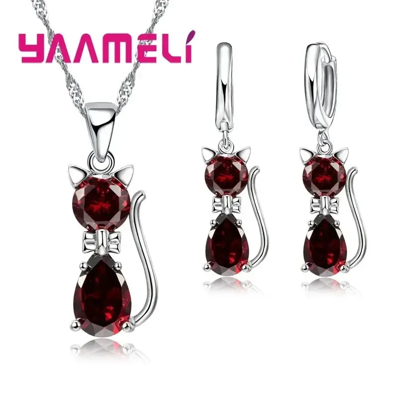 Real 925 Sterling Silver Color Jewelry Sets for Woman Girls Shining Austrian Crystal Cute Cat Pendant Necklace Huggie