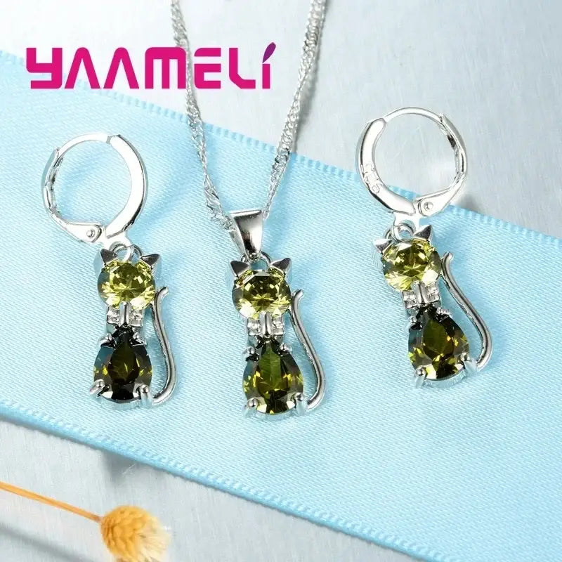 Real 925 Sterling Silver Color Jewelry Sets for Woman Girls Shining Austrian Crystal Cute Cat Pendant Necklace Huggie
