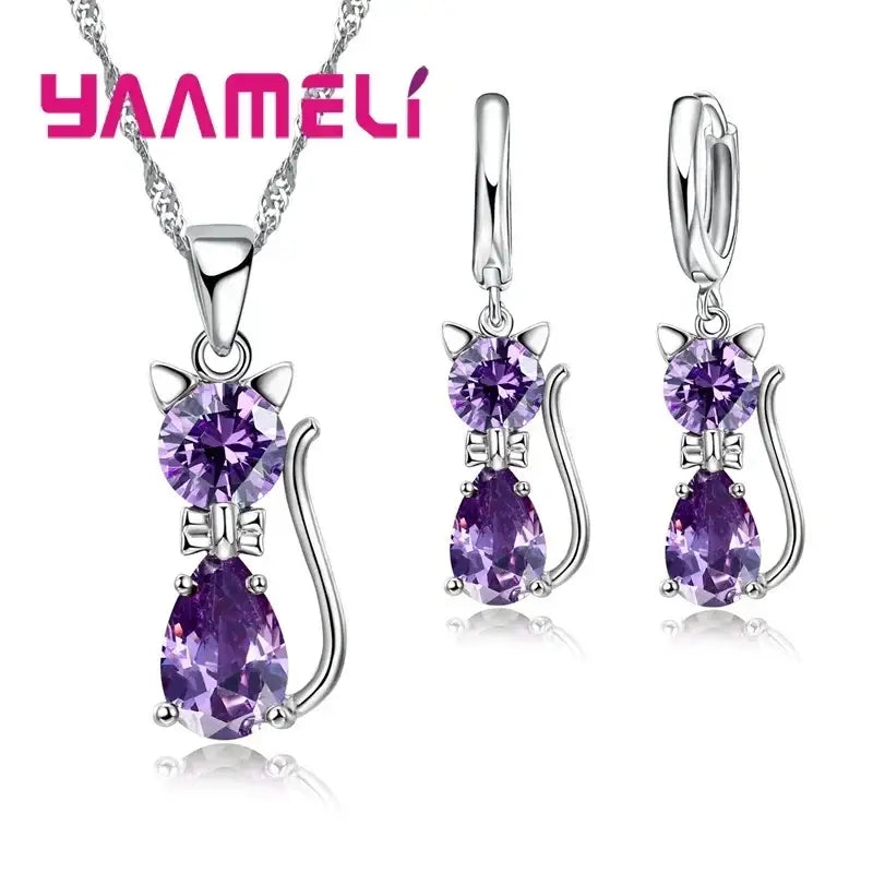 Real 925 Sterling Silver Color Jewelry Sets for Woman Girls Shining Austrian Crystal Cute Cat Pendant Necklace Huggie