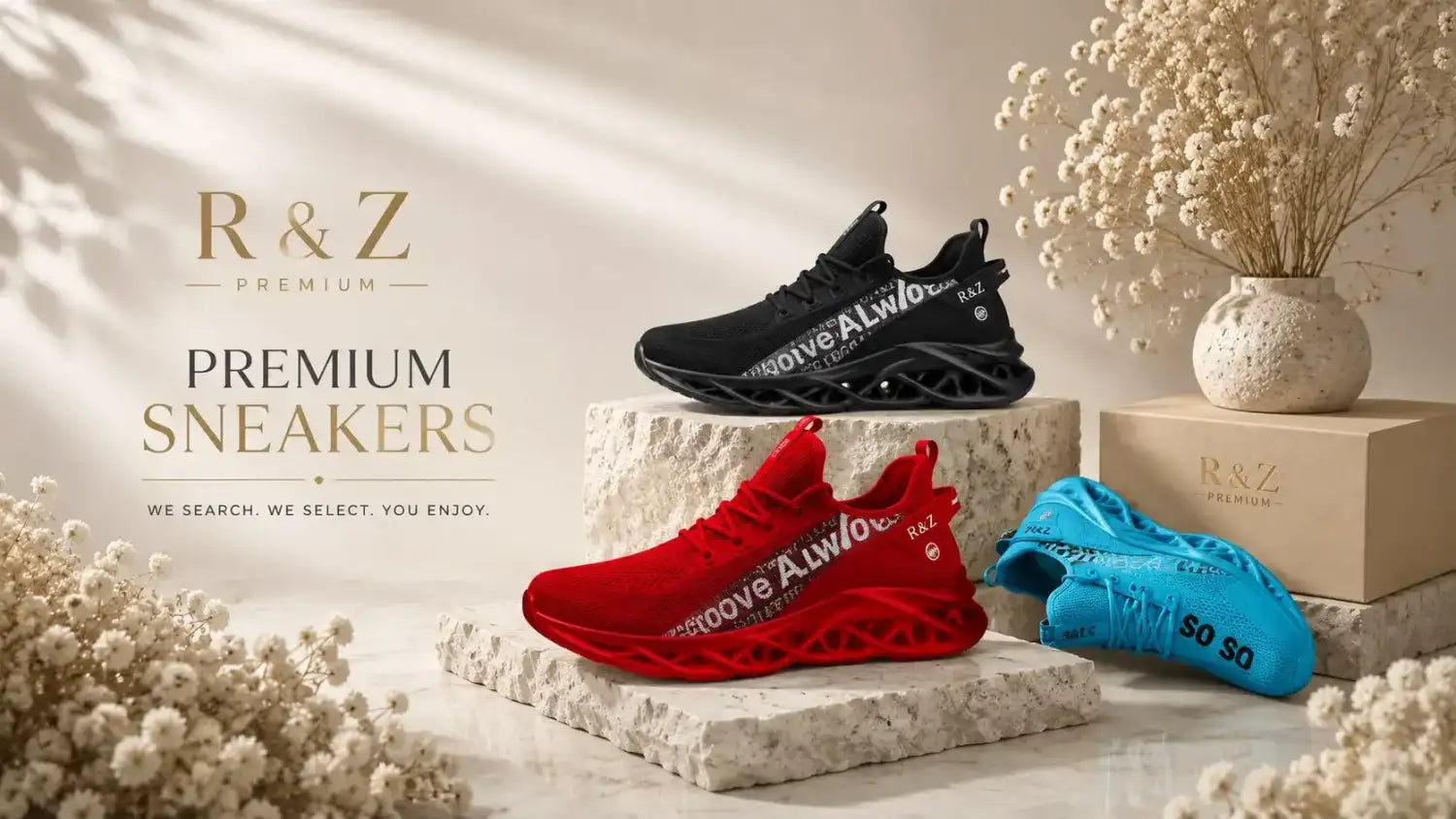 Red and black r&z premium sneakers with mesh uppers, bold white branding across the sides, and a futuristic translucent sole.