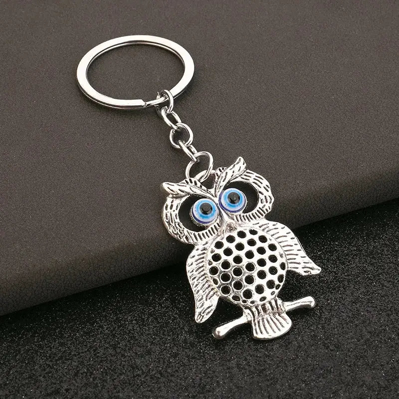 Religious Evil Eye Keychain Pendant Car Key & Keyring Silver Color Deep Blue Owl Animal Women Bag Accessories - B