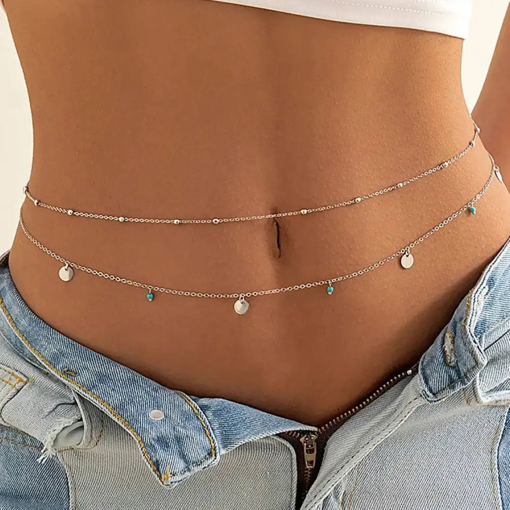 Retro Trendy Round Bead Cuban Double-deck Waist Chain for Women Charm Sexy Summer Beach Belly Body Jewelry Accessories
