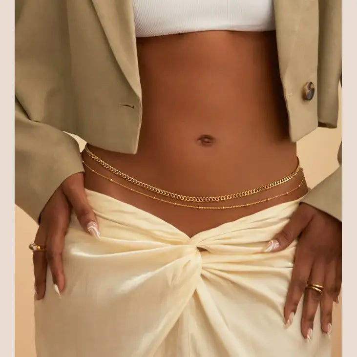 Retro Trendy Round Bead Cuban Double-deck Waist Chain for Women Charm Sexy Summer Beach Belly Body Jewelry Accessories