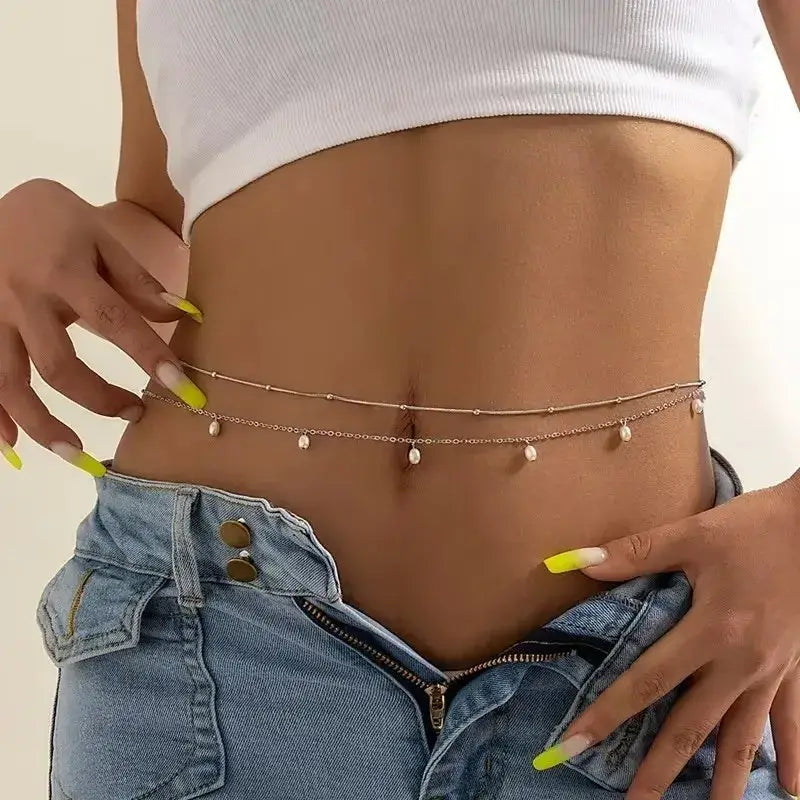 Retro Trendy Round Bead Cuban Double-deck Waist Chain for Women Charm Sexy Summer Beach Belly Body Jewelry Accessories