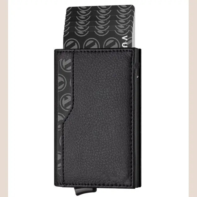RFID Blocking Automatic Leather Wallet with ID Windows - Black