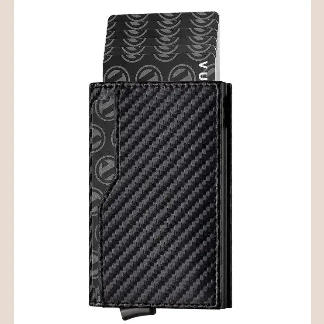 RFID Blocking Automatic Leather Wallet with ID Windows - Carbon Fiber Black