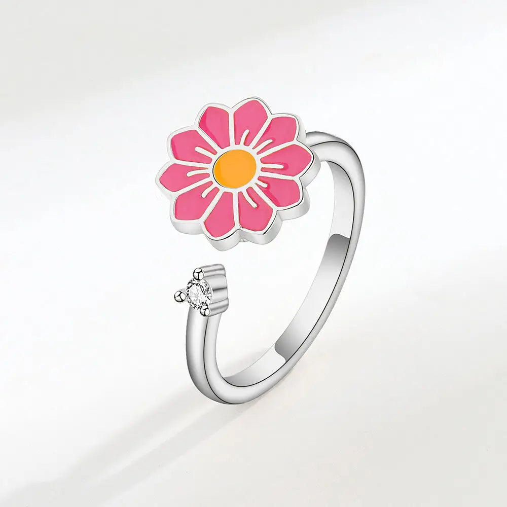 Rotatable Flower Ring for Women - Fashion Personality - Silver powder / Adjustable opening