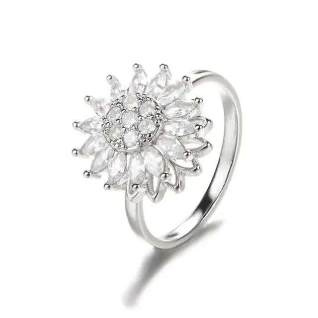 Rotating Sunflower Ring for Anxiety Relief (Women) - White Gold / Adjustable Opening - Womens Accessories