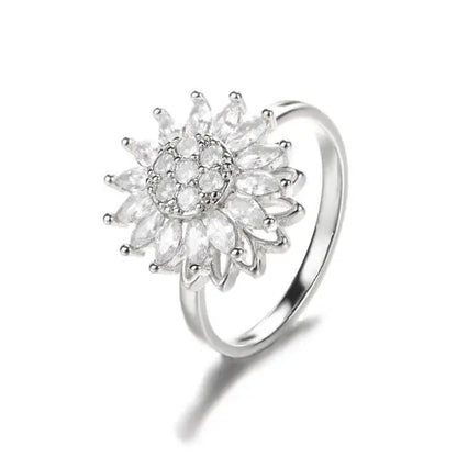 Rotating Sunflower Ring for Anxiety Relief (Women) - White Gold / Adjustable Opening - Womens Accessories