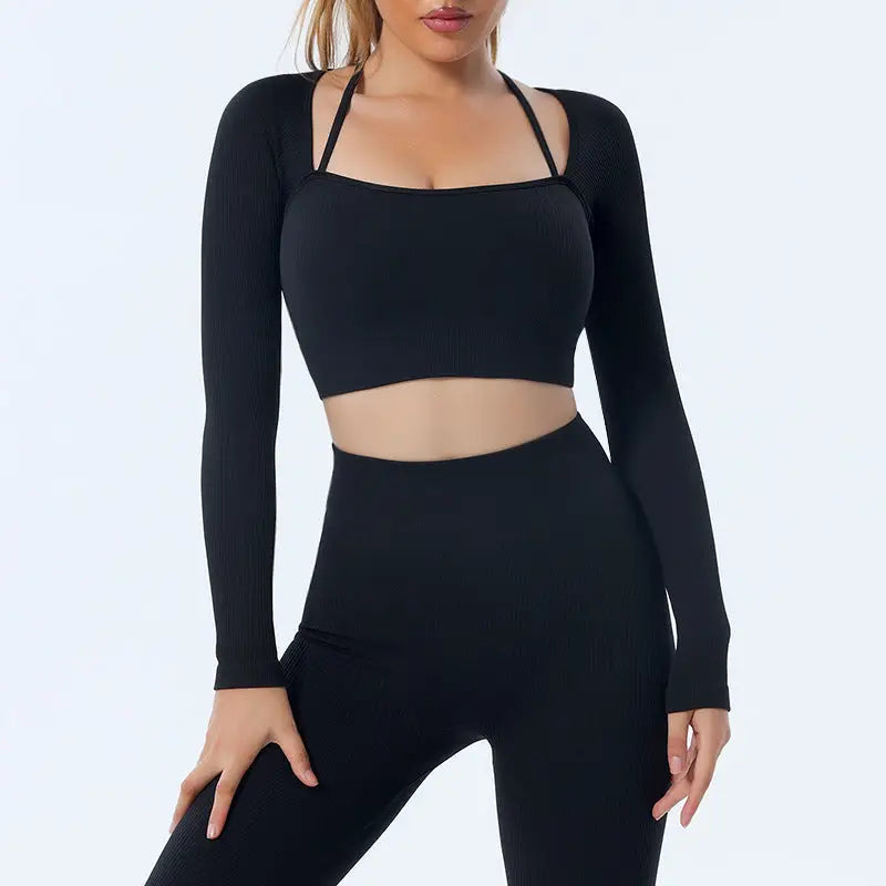 Seamless Yoga Set with Long Sleeve Top and Pants - Black-Long Sleeve / S