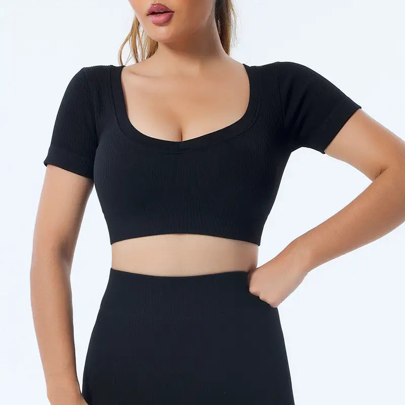 Seamless Yoga Set with Long Sleeve Top and Pants - Black-Short Sleeve / M