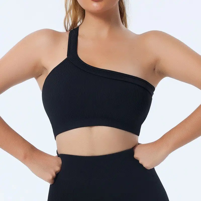 Seamless Yoga Set with Long Sleeve Top and Pants - Black-Shoulder Bra / L
