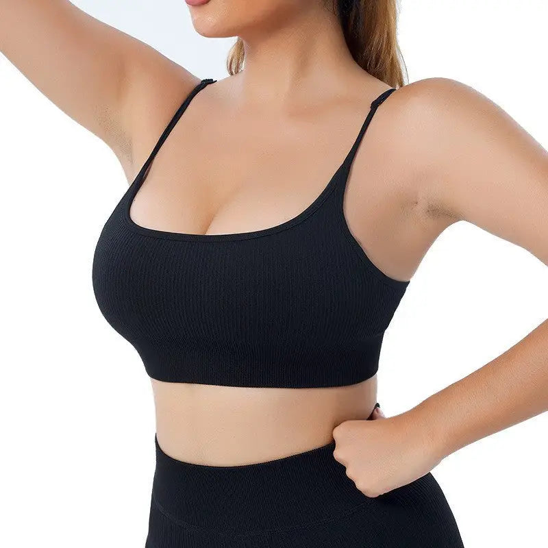 Seamless Yoga Set with Long Sleeve Top and Pants - Black-Strap Bra / L