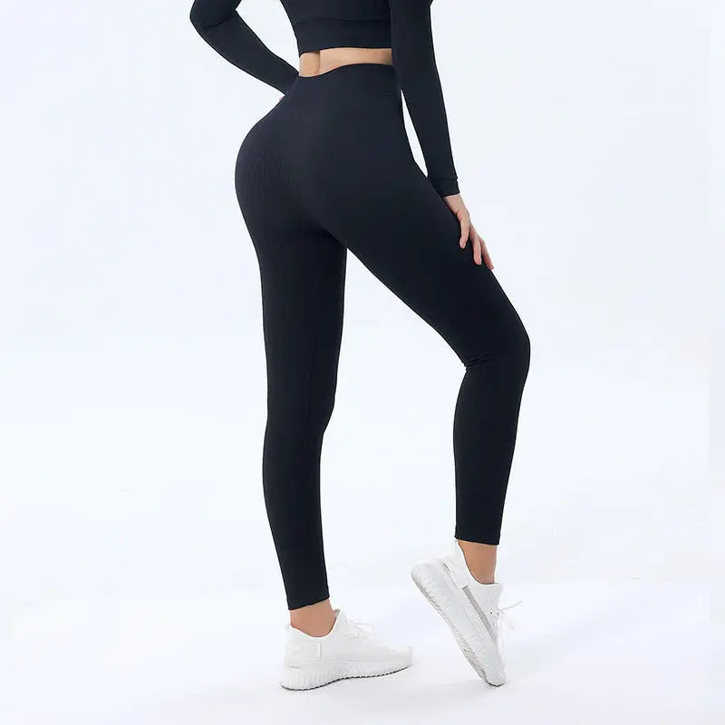 Seamless Yoga Set with Long Sleeve Top and Pants - Black-Trousers / S