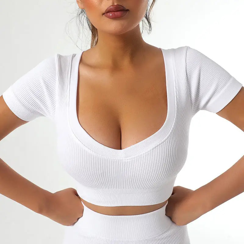 Seamless Yoga Set with Long Sleeve Top and Pants - Bleach-Short Sleeve / M