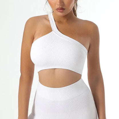 Seamless Yoga Set with Long Sleeve Top and Pants - Bleach-Shoulder Bra / S