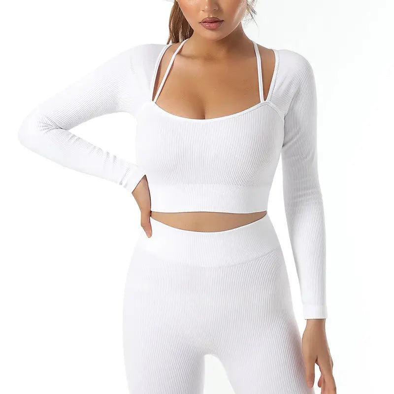 Seamless Yoga Set with Long Sleeve Top and Pants - Bleached-Long Sleeve / S