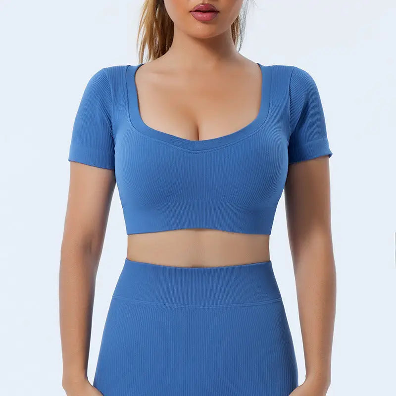 Seamless Yoga Set with Long Sleeve Top and Pants - Blue-Short Sleeve / M