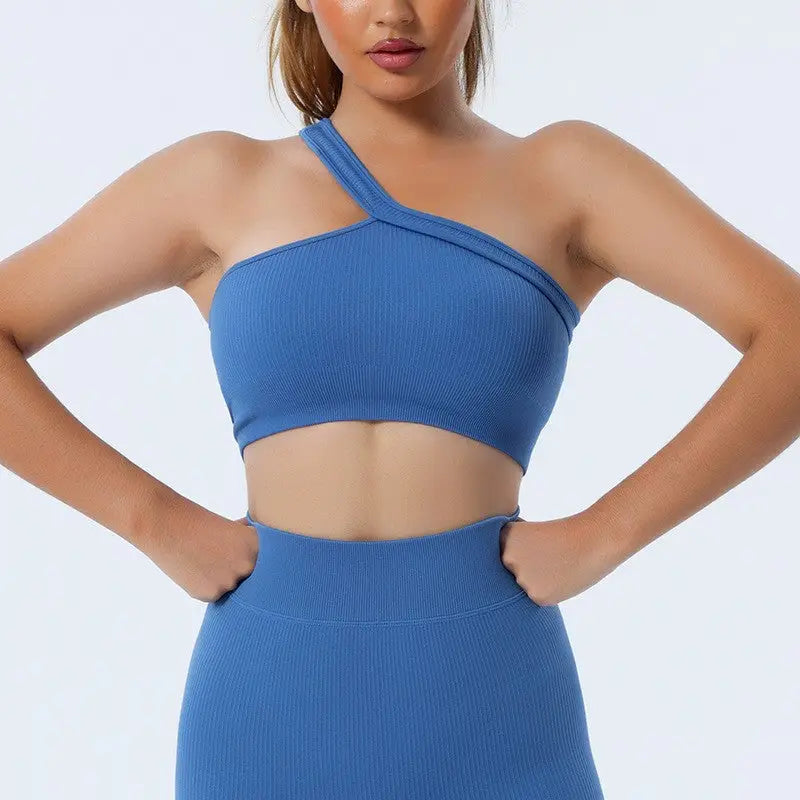 Seamless Yoga Set with Long Sleeve Top and Pants - Blue-Strap Bra / M