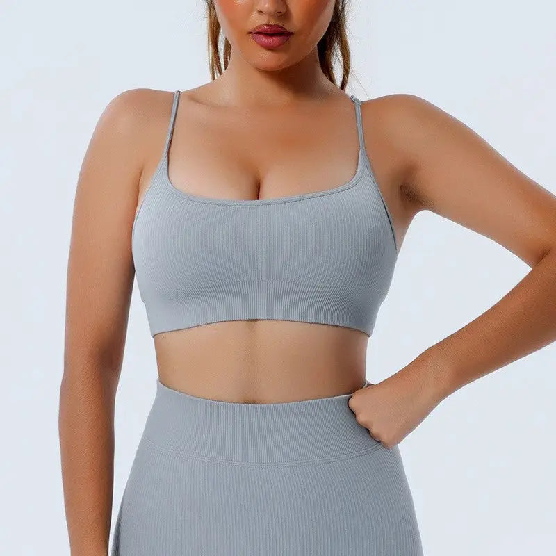 Seamless Yoga Set with Long Sleeve Top and Pants - Gray-Halter Bra / S