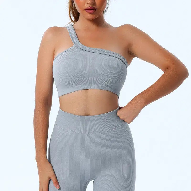 Seamless Yoga Set with Long Sleeve Top and Pants - Gray-Strap Bra / L