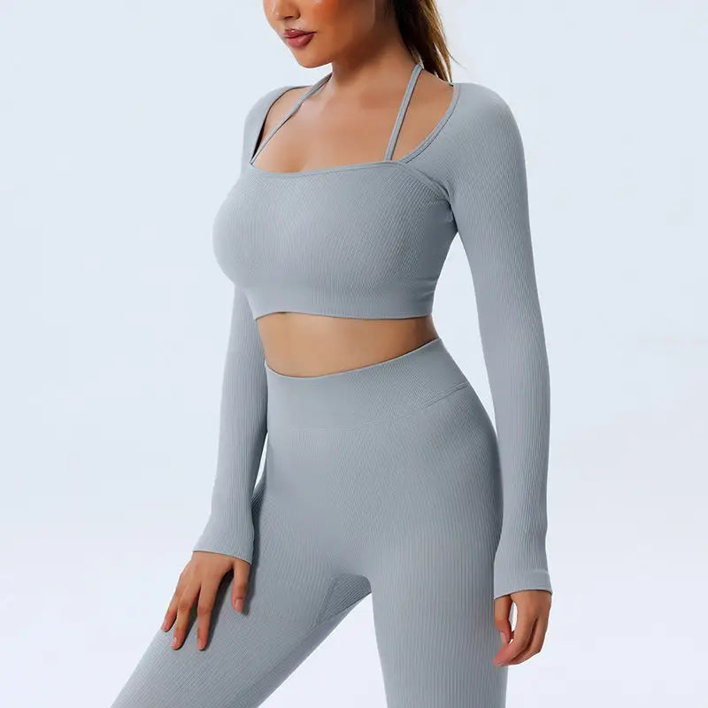 Seamless Yoga Set with Long Sleeve Top and Pants - Grey-Long Sleeve / M
