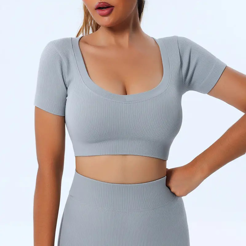 Seamless Yoga Set with Long Sleeve Top and Pants - Grey-Short Sleeve / S