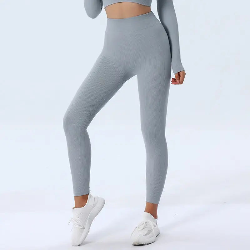 Seamless Yoga Set with Long Sleeve Top and Pants - Grey-Trousers / M