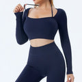 Seamless Yoga Set with Long Sleeve Top and Pants - Navy Blue-Long Sleeve / M