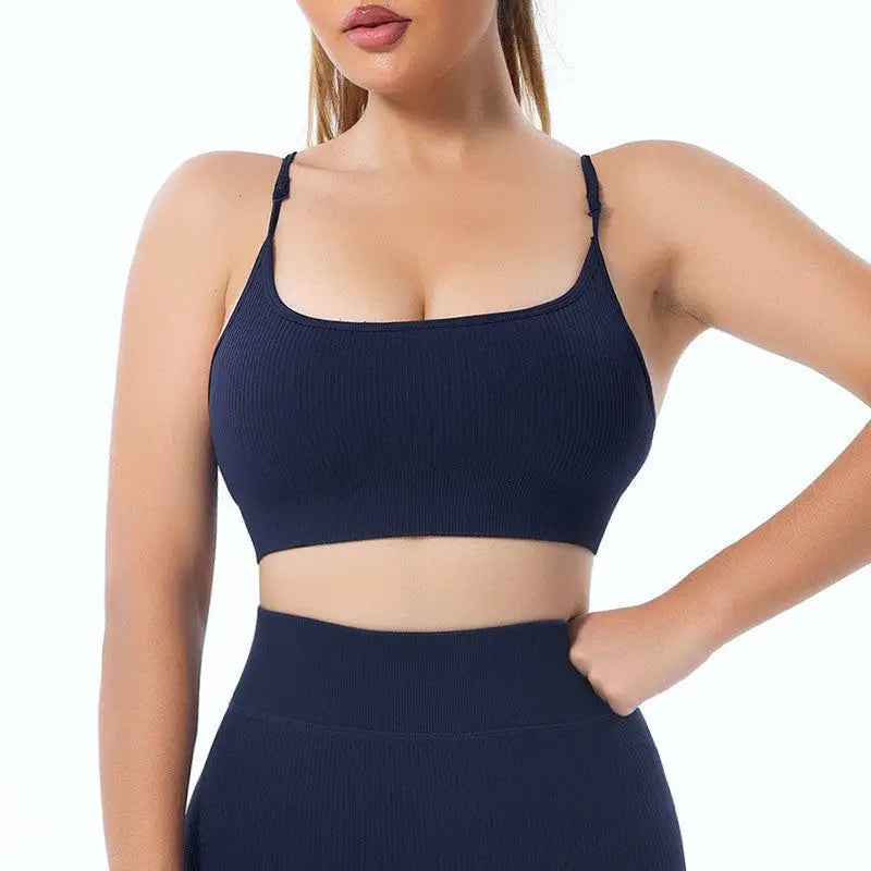 Seamless Yoga Set with Long Sleeve Top and Pants - Navy Blue-Strap Bra / L
