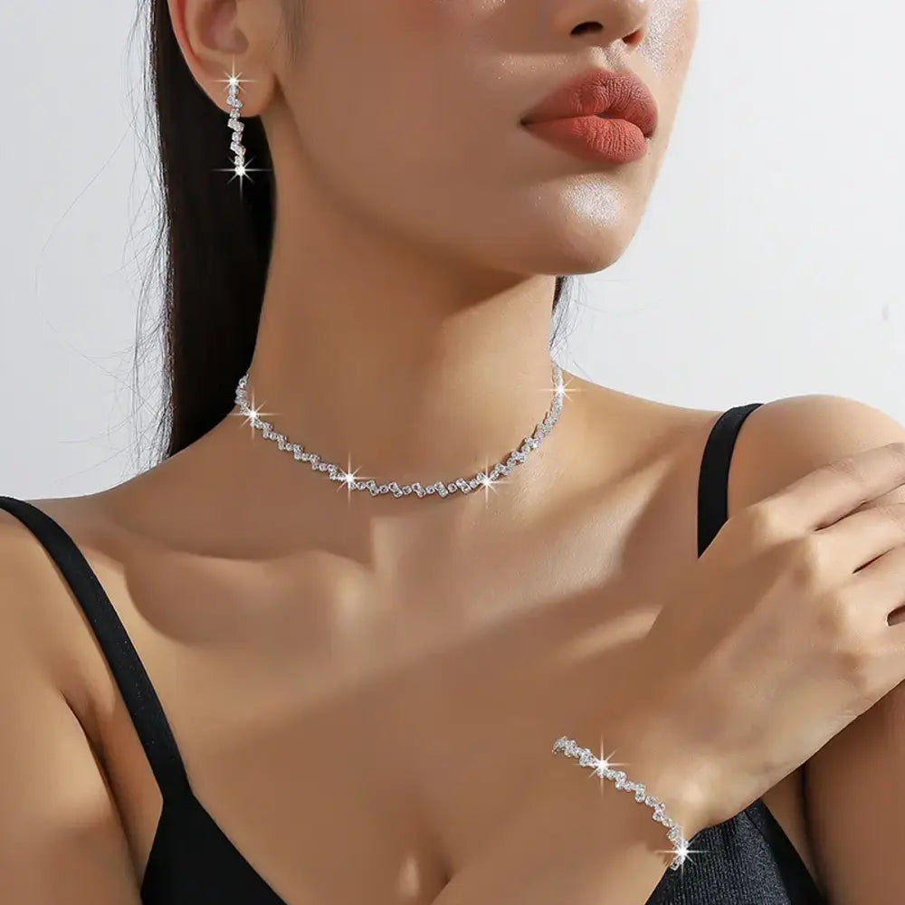 Set of Shiny Silver Plated Collarbone Chain Necklace Bracelet Jewelry Women’s Minimalist Starry Sky Accessories