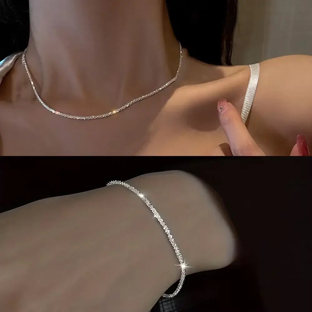 Set of Shiny Silver Plated Collarbone Chain Necklace Bracelet Jewelry Women’s Minimalist Starry Sky Accessories